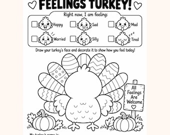 Dekorera dina egna känslor - kalkonarbetsblad, målarbok för Thanksgiving, känsloreglering, lugnhörna (digital nedladdning)