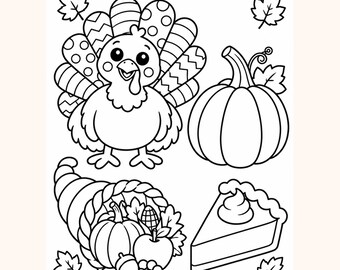 Målarbild för Thanksgiving-mat, kalkonpumpaj, överflödshorn, utskrivbar för barn (digital nedladdning)