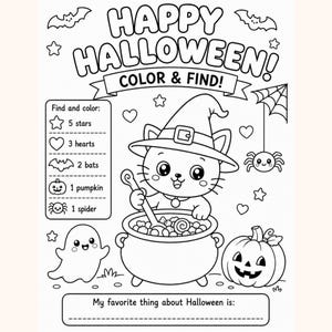 Può includere: Una pagina da colorare di Halloween in bianco e nero con il testo HAPPY HALLOWEEN! COLOR & FIND! Un gatto con un cappello da strega mescola un calderone, accompagnato da un fantasma, una zucca, un ragno e un elenco di oggetti da trovare.