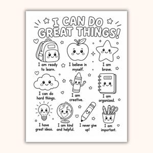Könnte beinhalten: Eine schwarz-weiße Malvorlage mit dem Titel I CAN DO GREAT THINGS, die Illustrationen eines Rucksacks, Apfels, Sterns, einer Wolke, eines Buntstifts, Notizbuchs, einer Glühbirne, eines Globus, Bleistifts und Stiftehalters zeigt.
