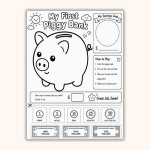 Op de afbeelding: Een zwart-wit printbaar activiteitenblad getiteld My First Piggy Bank met een grote varkensillustratie, een spaardoelsectie, instructies en uitknipbare afbeeldingen van Amerikaanse munten en biljetten.