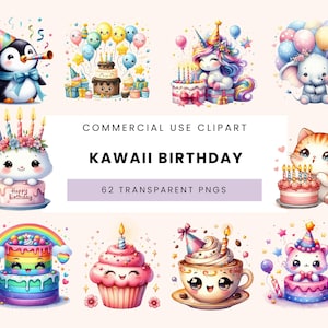 62 Cute Kawaii Birthday Clipart Bundle, Happy Birthday Party Png, Donuts, Cake, Desert, Strawberry, Honey Bee, Digital, Sublimation Designs