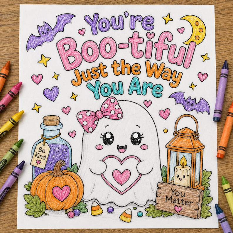 May include: A colored drawing on white paper featuring a ghost with a pink polka-dot bow holding a heart. The text reads "You're Boo-tiful Just the Way You Are". Surrounding elements include a purple potion bottle, orange pumpkin, and lantern.