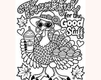Page de coloriage de Thanksgiving, Dinde impertinente à imprimer pour l'automne, pour enfants et adultes (Téléchargement numérique)