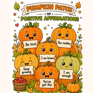 May include: A poster titled PUMPKIN PATCH OF POSITIVE AFFIRMATIONS featuring five orange and green cartoon pumpkins with faces. Each pumpkin holds a sign with text: Be kind, You matter, I am brave, Keep growing, I am enough, and You've got this.