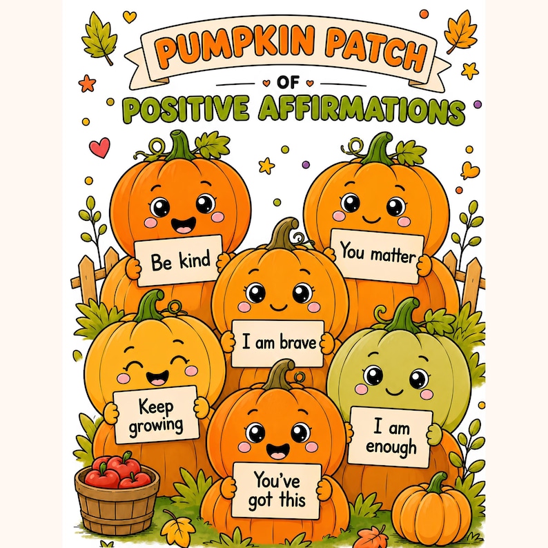 May include: A poster titled PUMPKIN PATCH OF POSITIVE AFFIRMATIONS featuring five orange and green cartoon pumpkins with faces. Each pumpkin holds a sign with text: Be kind, You matter, I am brave, Keep growing, I am enough, and You've got this.