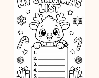 Kawaii målarbild med renar och jul | Önskelista för barn (PDF)