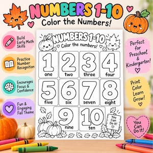 以下が含まれることがあります： 1から10までの数字が大きな輪郭線で描かれ、各数字の下に単語が添えられた白黒の塗り絵用プリント。カボチャや葉のイラストが描かれており、Numbers 1-10というテキストが含まれています。