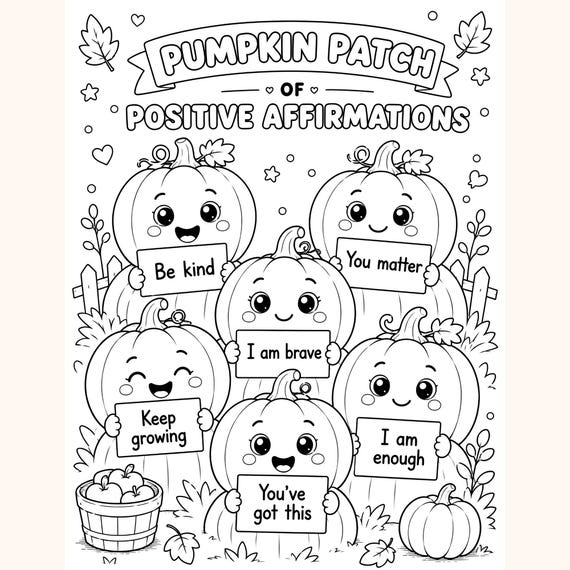Pumpkin Positive Affirmations Coloring Page. Fall SEL Printable for Kids.