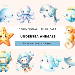 19 Unterwasser Aquarell Clipart, niedlichen Ozean Tiere PNG, Baby-Dusche-Einladung Dekor, Meer Clipart, Wandkunst, kommerzielle Nutzung Sofort-Download