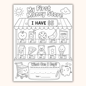 Puede incluir: Una página para colorear en blanco y negro titulada My First Money Store que muestra una tienda con dos estantes de artículos como manzana, jugo, galleta, plátano, papas fritas, leche, pizza, juguete, libro y helado, con carrito y alcancía.