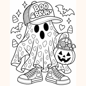 May include: A black and white line art illustration of a ghost wearing a baseball cap with the text BOO BRUH, sneakers, and holding a jack-o'-lantern candy bucket. The scene includes surrounding candy corn, bats, hearts, and star shapes.
