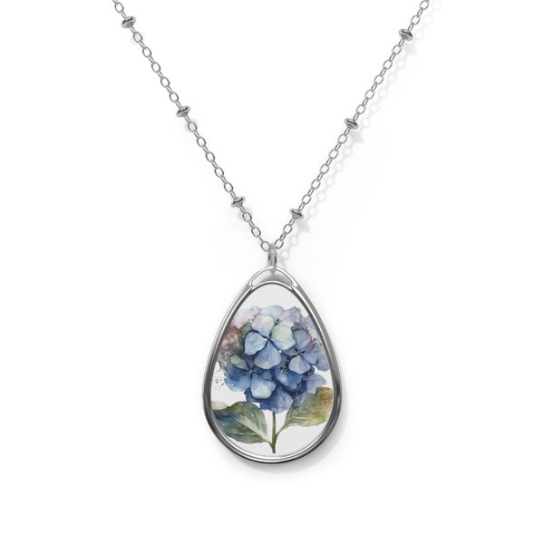 Watercolor Hydrangea Oval Necklace