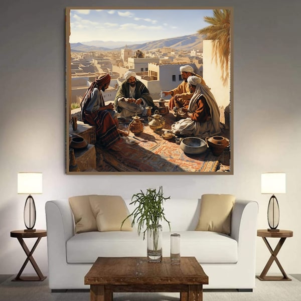 Middle Easternc ityscape,tea time,traditional attire,serene,warm lighting, earthtoned,distant mountains,decor art,home,traditional,cultural.