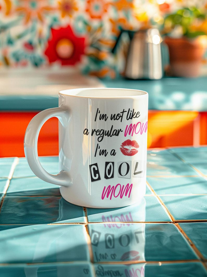 A sleek colorful kitchen with the "I'm Not Like a Regular Mom, I'm a Cool Mom" mug sitting on the counter, emphasizing its durable, dishwasher-safe, and microwave-friendly design. This mug is perfect for daily use and a fun addition to any mom’s coffee routine.
