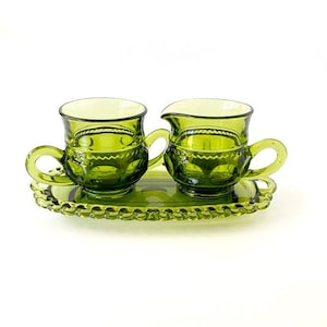 Vintage Green Glass Sugar, Creamer & Tray Set by Colony