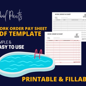 Może przedstawiać: Drukowany szablon arkusza wypłaty zlecenia pracy z ilustracją basenu i drabiny. Szablon jest prosty i łatwy w użyciu. Tekst "WORK ORDER PAY SHEET PDF TEMPLATE" jest w kolorze żółtym. Tekst "SIMPLE & EASY TO USE" jest w kolorze czarnym. Tekst "PRINTABLE & FILLABLE" jest w kolorze żółtym.