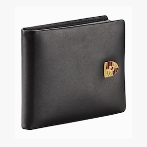 Cartera Porsche de piel para hombre con escudo metálico - Piel de vacuno de primera calidad / 12 ranuras para tarjetas, monedero con cremallera - Lujo