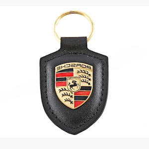 Original Porsche leather key ring, Elegant Leather Key Ring with Gold Crest