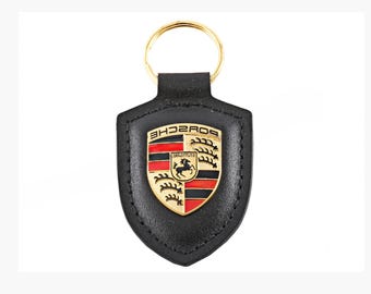 Original Porsche leather key ring, Elegant Leather Key Ring with Gold Crest