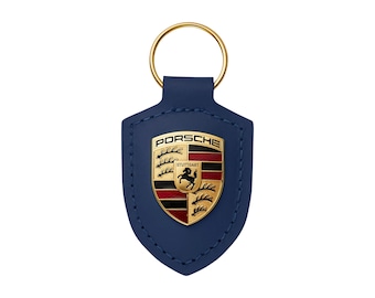 Original Porsche key ring blue, gold crest, blue leather strap, python leather, Elegant Leather Key Ring,  luxury gift Car Lovers