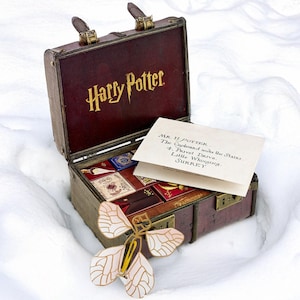 Może przedstawiać: Brązowa, otwarta walizka ze złotym napisem "Harry Potter". Wewnątrz miniaturowe książki i list. Ozdobny motyl znajduje się przed walizką. Scena rozgrywa się na śniegu.