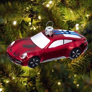 Porsche 911 Dakar Christmas Ornament | Collector&#39;s Edition No. 5 | Hand-Painted Glass Bauble | Carmine Red with Skis | Limited Gift