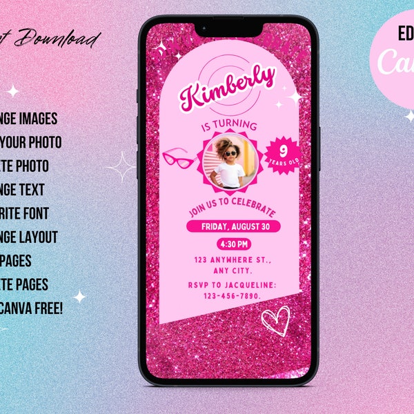 Digital Pink Doll Birthday Girl Party Invitation, Canva edit, Electronic Birthday Invite, All Purpose, Mobile Phone Invite, pink doll party