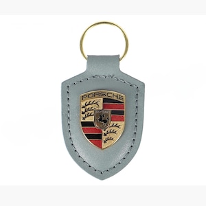 Original Porsche key ring, grey python leather, gold crest metallic, Elegant Leather Key Ring with Gold Crest,  luxury gift Car Lovers