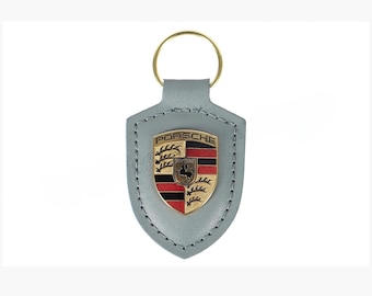 Original Porsche key ring, grey python leather, gold crest metallic, Elegant Leather Key Ring with Gold Crest,  luxury gift Car Lovers