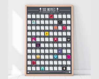 Pôster raspável "Lista de 100 Filmes para Assistir Antes de Morrer", presente perfeito para cinéfilos.