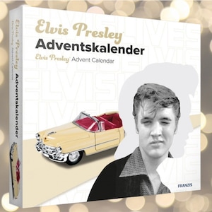 May include: An Elvis Presley Advent Calendar box featuring a vintage yellow convertible car with a red interior. The box also displays a black and white image of Elvis Presley and the text "Elvis Presley Adventskalender".