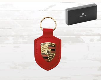 Porsche rode leren sleutelhanger | Sleutelhanger met gouden embleem | Kerstcadeau en kousenvuller