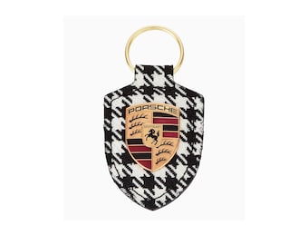 Porsche Pepita Crest key ring, leather, Porsche Crest, Pepita fabric.Porsche Lovers gift