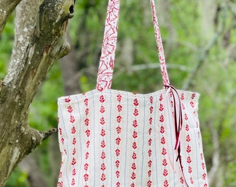 Handmade double sided cotton floral & striped patterned, washable, tote bag, shopping tote, grocery bag, gift for her, reusable, shoulder