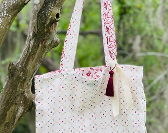 Handmade four sided cotton floral & striped patterns, washable, tote bag, shopping tote, grocery bag, gift for her, reusable, shoulder