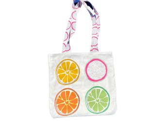 Handmade double sided cotton washable lemon, lime, orange, and dragon fruit tote bag, shopping tote, grocery bag, gift for her, reusable