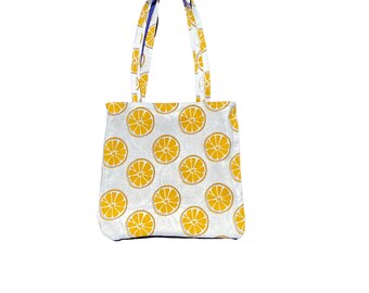Handmade double sided cotton washable lemon and orange fruit tote bag, shopping tote, grocery bag, gift for her, reusable