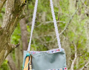 Cute blue with arrows and braided shoulder strap bag, pocket book, purse, everyday use