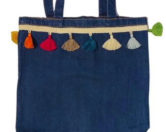 Denim with tassels tote bag, farmers market bag, reusable, gift for her