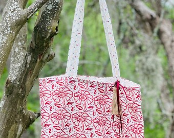 Handmade double sided cotton floral & geometric patterned, washable, tote bag, shopping tote, grocery bag, gift for her, reusable, shoulder
