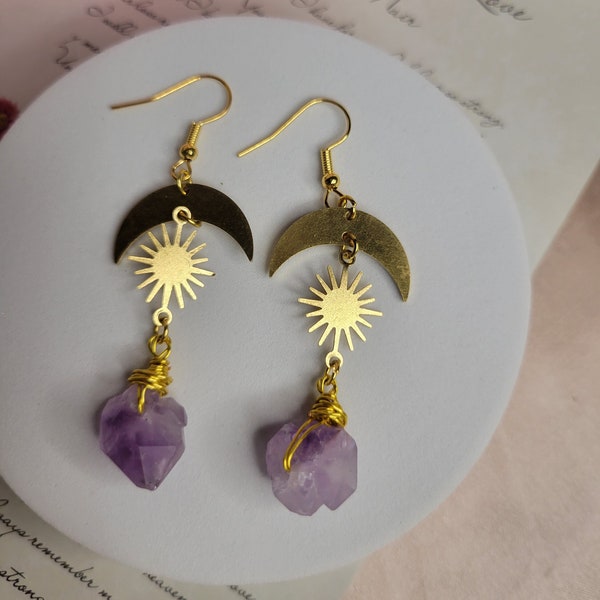 Celestial Gold Moon and Sun Amethyst Earrings , Celestial Earrings Handmade Jewelry Raw Stone Earrings