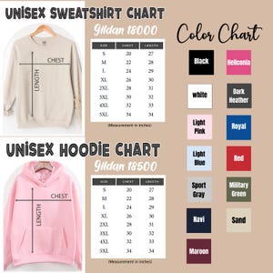 Puede incluir: Un gr&aacute;fico que muestra las opciones de tallas y colores para sudaderas y sudaderas con capucha unisex. El gr&aacute;fico de la sudadera incluye medidas de pecho y largo en pulgadas. La tabla de colores muestra varias opciones, incluyendo negro, blanco, rosa claro, azul claro, gris deportivo, marino y granate.