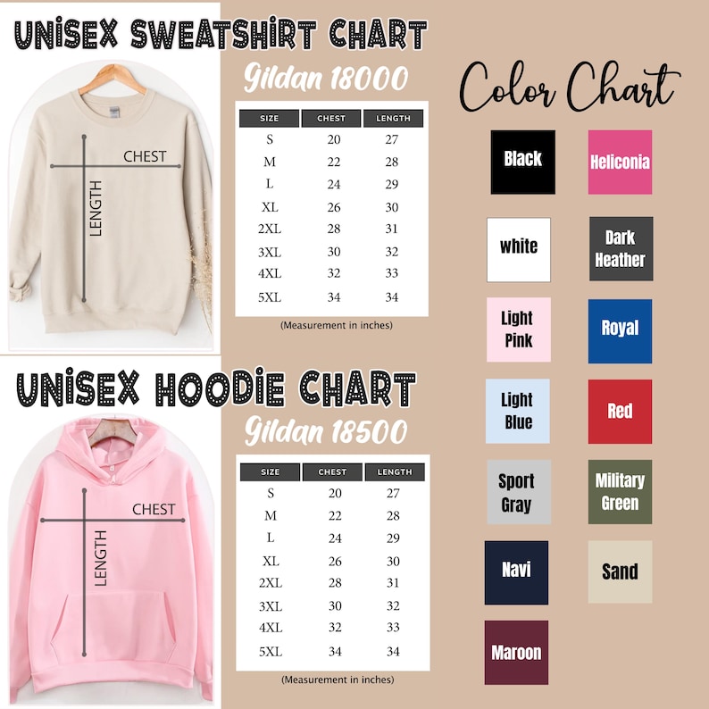 Puede incluir: Un gr&aacute;fico que muestra las opciones de tallas y colores para sudaderas y sudaderas con capucha unisex. El gr&aacute;fico de la sudadera incluye medidas de pecho y largo en pulgadas. La tabla de colores muestra varias opciones, incluyendo negro, blanco, rosa claro, azul claro, gris deportivo, marino y granate.