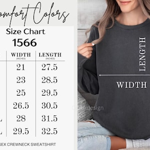 Puede incluir: Una sudadera gris carb&oacute;n de cuello redondo junto a una tabla de tallas 1566. La tabla enumera las tallas de la S a la 3XL con medidas de ancho y largo en pulgadas. Las flechas en la sudadera indican c&oacute;mo medir el ancho y el largo de la prenda.