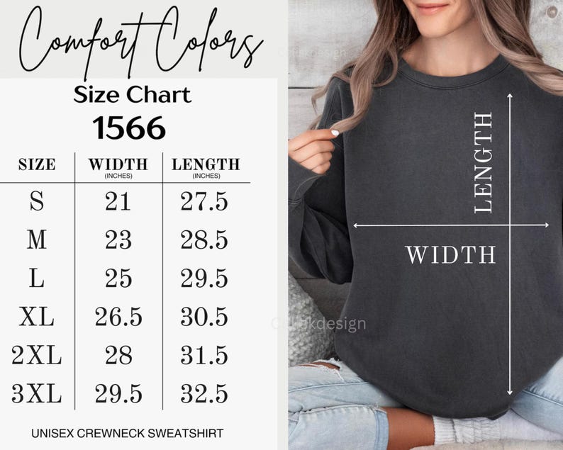 Puede incluir: Una sudadera gris carb&oacute;n de cuello redondo junto a una tabla de tallas 1566. La tabla enumera las tallas de la S a la 3XL con medidas de ancho y largo en pulgadas. Las flechas en la sudadera indican c&oacute;mo medir el ancho y el largo de la prenda.
