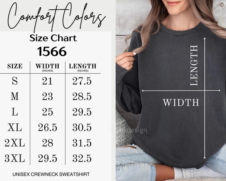 Pode incluir: Uma tabela de tamanhos para um moletom unissex com gola careca, com medidas em polegadas. A tabela inclui tamanhos de S a 3XL, com as dimens&otilde;es correspondentes de largura e comprimento. A imagem tamb&eacute;m mostra um moletom cinza escuro.