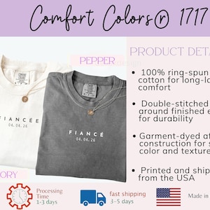 Puede incluir: Dos camisetas Comfort Colors, una marfil y otra gris, con la palabra "FIANC&Eacute;E" y la fecha "04.04.26" impresas en la parte delantera. Las camisetas tienen cuello redondo y est&aacute;n hechas de algod&oacute;n hilado en anillo. El texto "Comfort Colors 1717" est&aacute; en la parte superior.