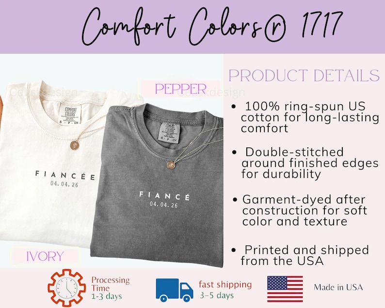 Puede incluir: Dos camisetas Comfort Colors, una marfil y otra gris, con la palabra "FIANC&Eacute;E" y la fecha "04.04.26" impresas en la parte delantera. Las camisetas tienen cuello redondo y est&aacute;n hechas de algod&oacute;n hilado en anillo. El texto "Comfort Colors 1717" est&aacute; en la parte superior.