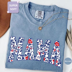 Comfort Colors® Floral Usa Mama Shirt, Retro Mama Shirt, USA Mom Shirt, 4th of July Pregnancy Announcement Shirt Patriotic Baby Reveal Tee